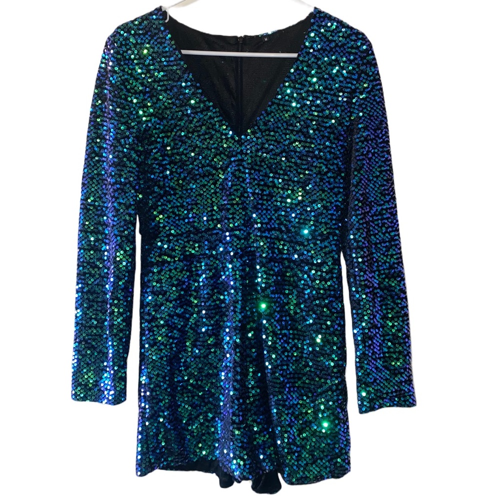 New Years! Sz M Green Discoball Sparkly Long Sleeved Romper/Shorts Zip up back
